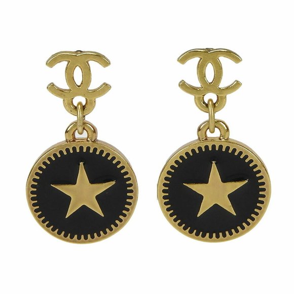 CHANEL Earrings Gold Plated 01P Black Coco Mark Star Swing GP Accessories Wom... - Picture 8 of 8